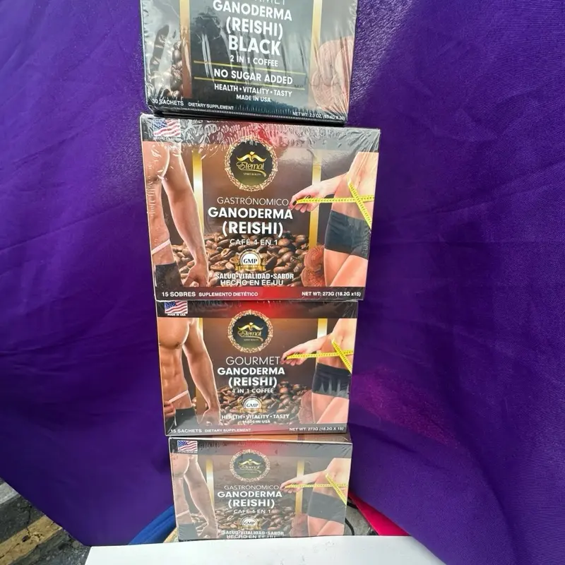 Four pack of coffee Ganoderma plus 1 Árnica gel natur al free with the purchase of 4 coffee Ganoderma