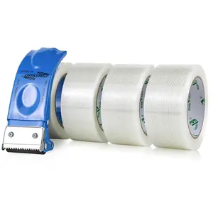 Strapping Tape 2Inch with Dispenser, Heavy Duty Fiberglass Reinforced ing Tape with String for Moving and Shipping, 4Rolls x 5.5Mil x 35Yds, Total 140Yds