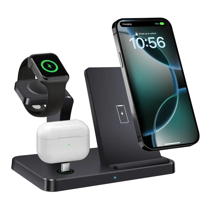 3-in-1 Wireless Charging Dock - Fast USB-C Electronic Charger Stand for Smartphone/Cellphone (17/16/15/14/13/12/11), Smart Watch (Ultra/11/10/9/8/7/6/5/SE) & Wireless Earbuds (3/4) for Mobile Devices