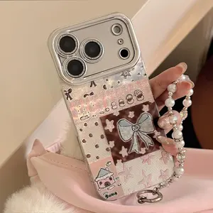 Korean Bowknot Splicing Phone Case With Chain For iPhone 17 Air 16e 15 14 13 12 11 Pro Max XS XR X Plus Glitter Shockproof Cover