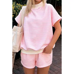 Pink Stripe Cuffed Sleeve Contrast Mock Neck Tee Casual 2pcs Short Set