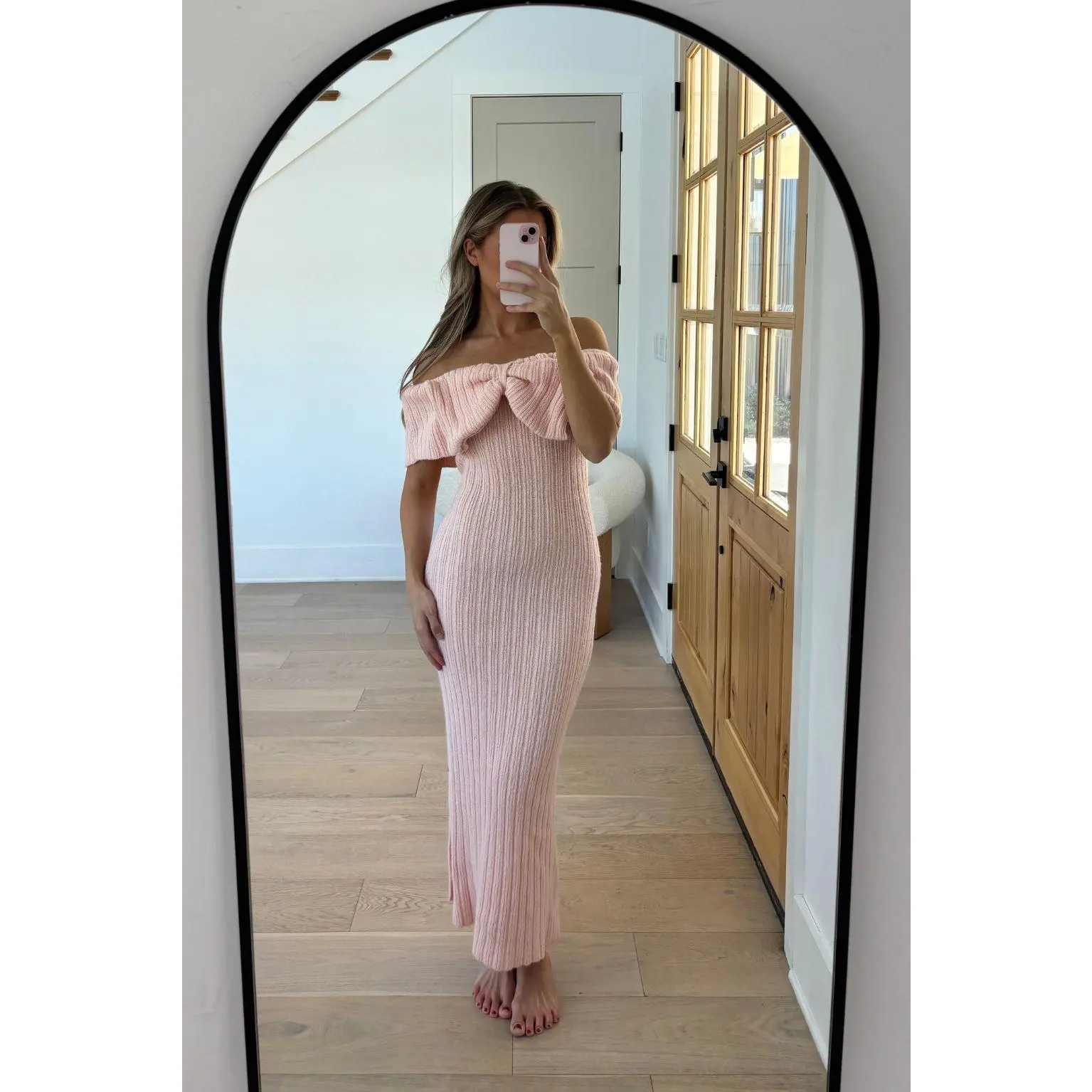 Aston Bow Front Maxi Sweater Dress in Pinkish Petal – Bump Friendly & Inclusive Sizing (XS-3XL)