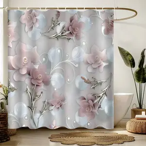1pc Elegant Nordic Floral Shower Curtain - High-End Waterproof Anti-Fog Polyester Shower Curtain, Pink & White Floral Pattern, Machine Washable, Comes With Hooks - Perfect Bathroom Decor, Waterproof Curtain, Christmas Decoration