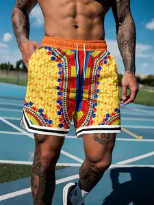 Men's African Ankara Wax Print Tribal Drawstring Basketball Shorts, Casual Running Gym Beach Shorts with Side Pockets, Loose-Fit Geometric Pattern