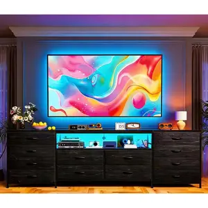 Black Or  Rust Brown 63" W TV Stand Dresser For 65 70 Or 75 Inch TVs, Bedroom Furniture, With LED Lights, Power Outlets, And 12 Storage Drawers, Long Fabric Dresser Entertainment Center