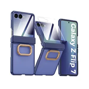 For Samsung Galaxy Z Flip 7 Case Matte Transparent Hinge With Mirror Film Ring Bracket Folding All-inclusive Cover Accessories