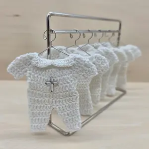 Mini Crochet Baptism Favors - White Onesie with Silver Cross & Hanger Options | Christening, Baby Shower, First Communion Decor - 6 pieces