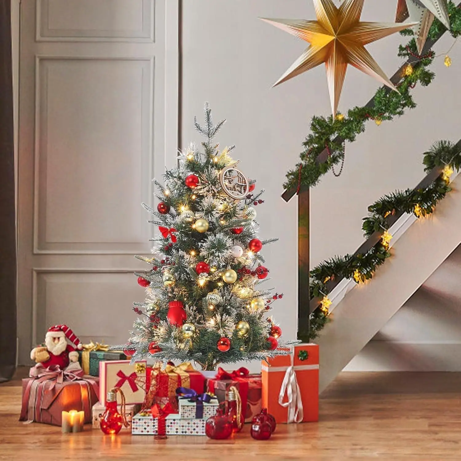 3 Ft Christmas Tree, Pre-Lit Artificial Snow Flocked with Timer, Battery Operated Tabletop Tree, LED Lights, Compact Foldable Branches for Home and Office