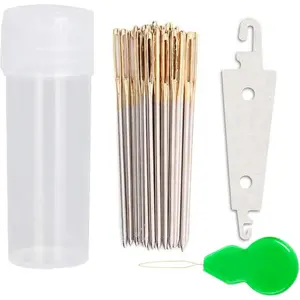 100pcs Cross Stitch Needles + 2 Needle Threader Golden Color Large Eyes Cross Stitch DIY Embroidery Hand Needles Sewing Needles in Transparent Box (26#)