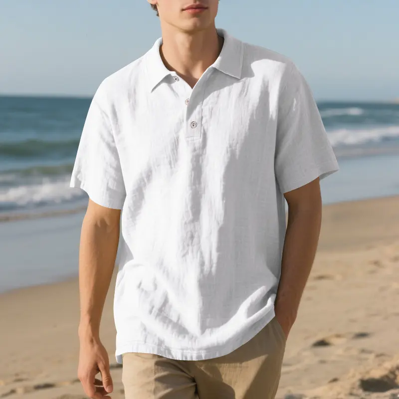 Men’s summer washable crinkled linen polo shirt with classic lapel and three-button placket, relaxed drop-shoulder fit; lightweight and breathable—ideal for seaside/beach, commuting, and casual wear.