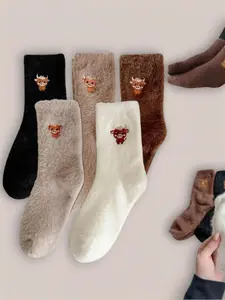 Fuzzy Fluffy Highland Cow Socks, Cow Print Socks for Adults, Neutral Fuzzy Sock for Women, Thick Holiday Sock Gifts, Cozy Footwear
