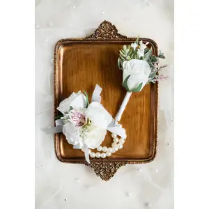 White Rose Pearl Bracelet Wrist Corsage - Bridesmaid Gift For Wedding, Flower Girl Gift, Bridal Accessories, Real Touch Prom Boutonniere