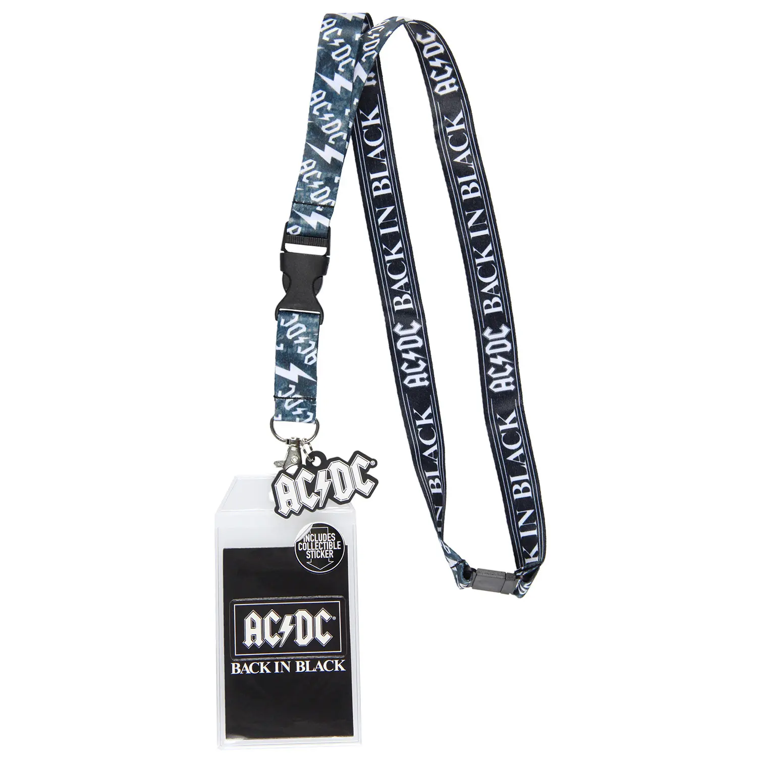 AC/DC Back In Black Reversible Key Lanyard - Convention Lanyard ID Hold Badge Holder with Rubber Logo Charm, Lobster Clasp, Rock and Roll Merchandise, Collectible Sticker