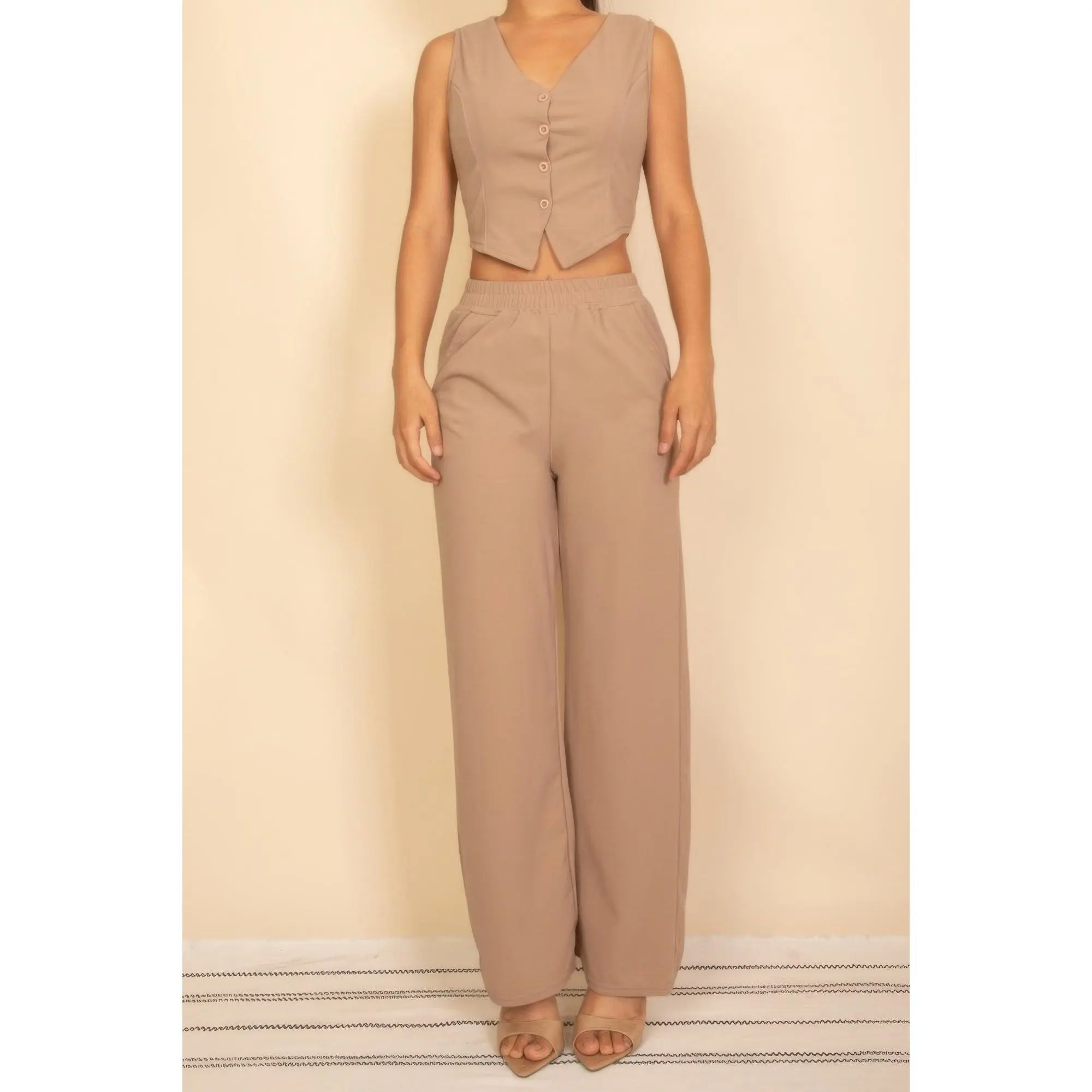 Tailored Button Vest With Adjustable Back Tie & Wide Leg Pants Set