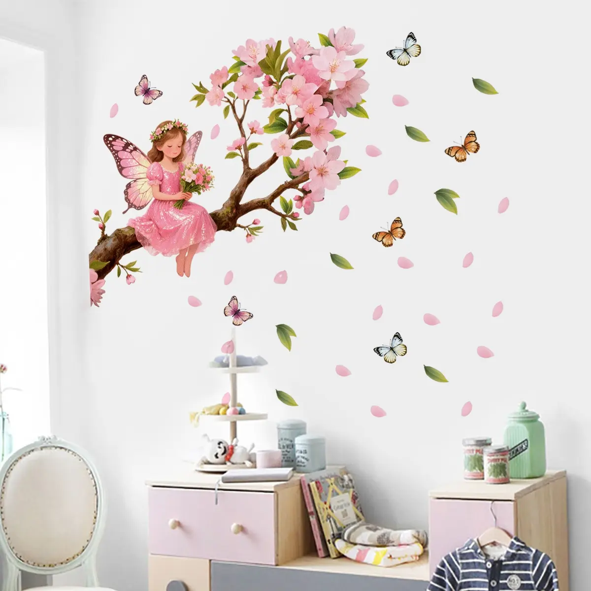 1Pc (30*60cm) Cherry Blossom Fairy Decorative Wall Sticker, Aesthetic Art Stickers, Dreamy Fairy Tale Self-adhesive Decal for Girls & Nursery Room