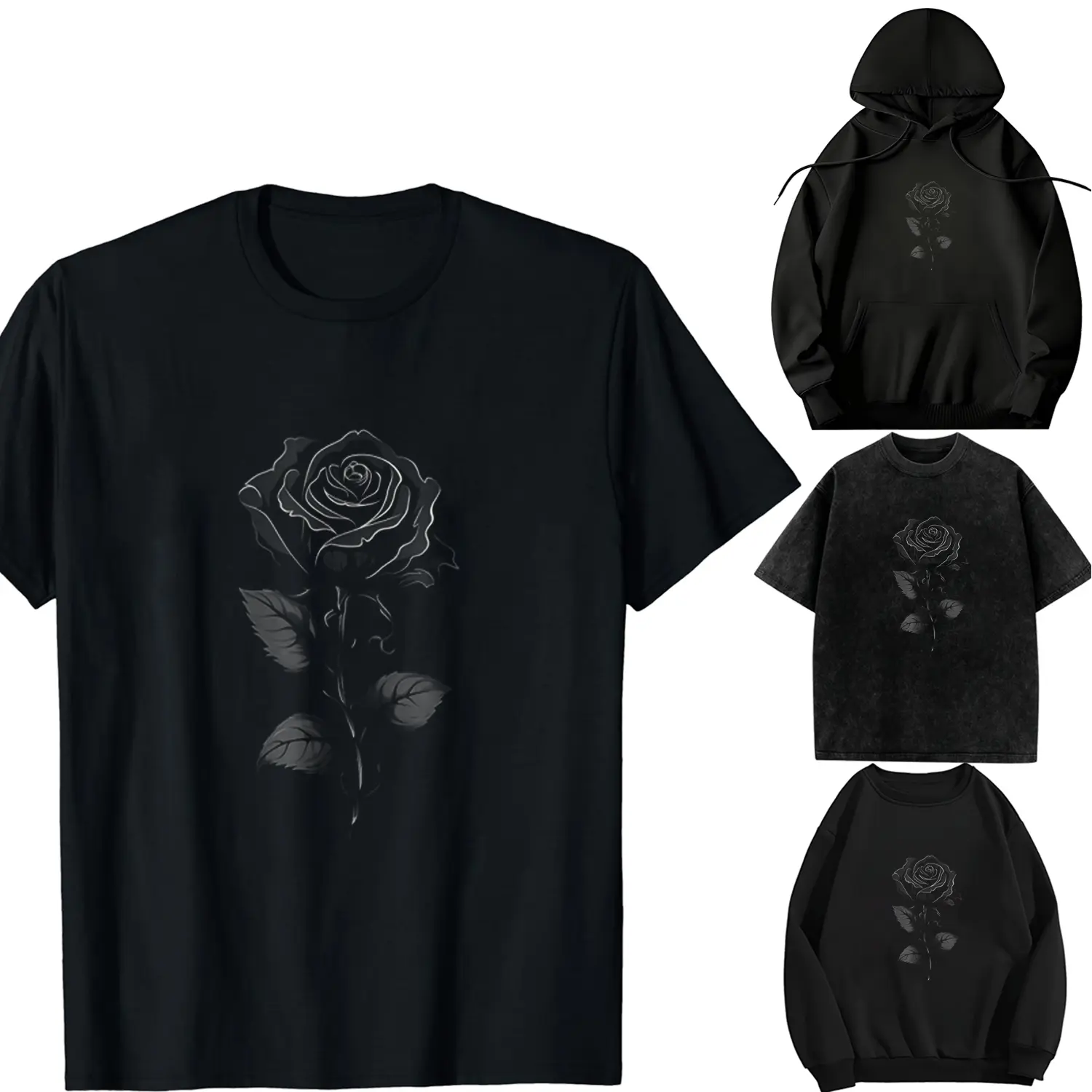 Women's Soft Oversize Acid Wash Hooded Cotton-Linen-Polyester Blend Round Neck Long-Sleeved T-Shirt - Printed Casual Streetwear Top with 199 Black Rose Floral Transfer Graphic, DIY Style Comfortable Womenswear