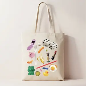 Funky Collage Graphic Tote Bag - 100% Cotton Canvas, Machine Washable, 15" x 16", Double Straps, Reusable, Random, Object, Fun
