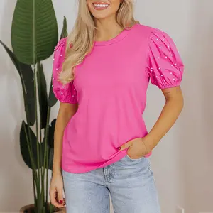 Bright Pink Ribbed Pearl Beaded Puff Sleeve Top