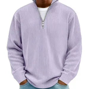Men’s corduroy thermal sweatshirt with a quarter zip and stand collar — warm, soft, ribbed long-sleeve pullover for everyday wear, ideal for fall streetwear