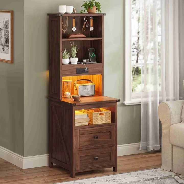 AOGLLATI Farmhouse Tall Nightstand with Charging Station and Bookshelf Led Wood Night Stand with 2 Drawers 6 Hooks and Storage Shelves
