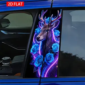 2 Sets Neon Deer and Rose Car B Pillar Stickers, PVC HD Print Self-Adhesive Waterproof Scratch-Resistant Exterior Decor, Car B Pillar Decoration