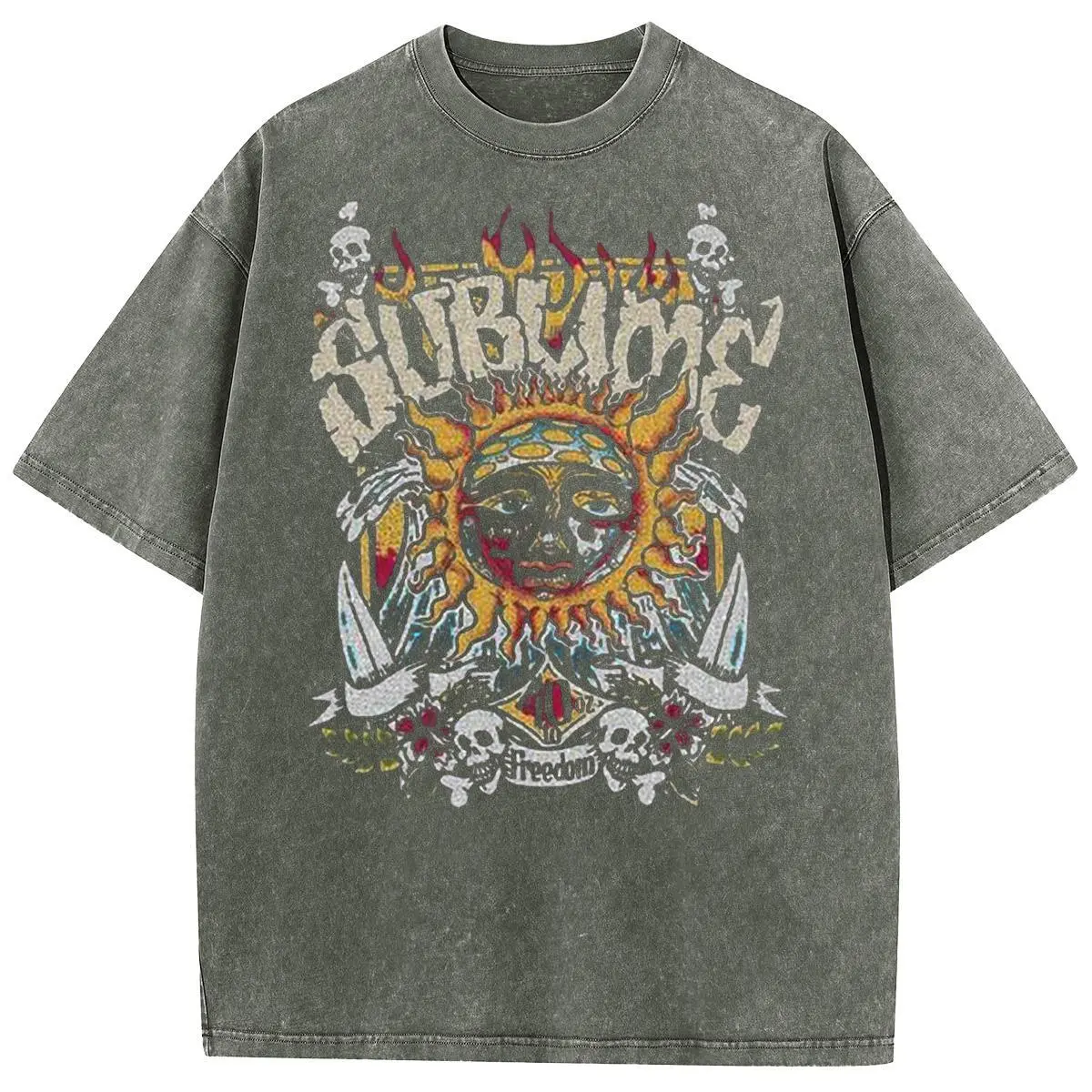 Sunland Oversized Fuzzy Printed Acid Washed Sun Pattern T-Shirt 