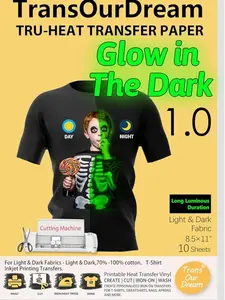 TransOurDream Glow in The Dark Heat Transfer Paper for Dark T Shirts 10 Sheets 8.5x11'' Luminous Iron on Transfers for Inkjet Printer DIY Gifts Party Outfits