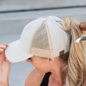 CC Solid Cotton Athleisure Messy Bun Pony Cap Women, Teens and Kids Athletic Hats