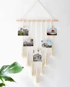 Room Decor Boho Macrame Hanging Photo Display with 25 Wood Clips, 27" L x 16.5''W
