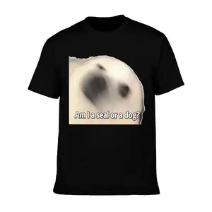 Am I A Seal Or A Dog Blurry Derpy White Fluffy Puppy Viral Confusion Meme Unisex Oversized Heavy Cotton Crew Neck Tee, Funny Animal Identity Confusion Relatable Internet Graphic Casual Streetwear Shirt For Animal & Viral Meme Fans
