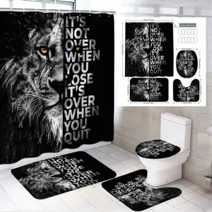 4pcs Bold Lion Monochrome Bathroom Decor Set, Inspirating Shower Curtain with Motivational Quote, Luxury Bath Mat & Toilet Seat Cover, The floor mat fabric is thicker and softer! Perfect Gift for Home Improvement Lovers