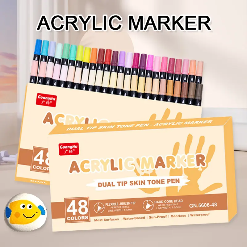 Guangna 48 Color Dual Tip Acrylic Markers Set, Vibrant Colors, Durable, Brush Tip, Professional Art Supplies for Multiple Surfaces