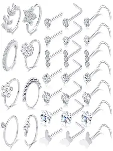 29Pcs 20G Nose Ring Studs Nose Ring Hoops Stainless Steel Non Tarnish Jewelry L Bone Screw Shape CZ Butterfly Snake Star Heart Moon Shape Nose Piercing Jewelry for Women Silver Tone
