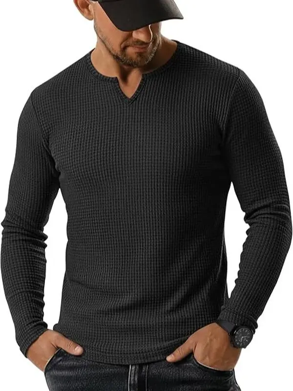 Men's Classic Waffle Knit Henley Shirt - Longsleeve Knitwear, Fashion Casual V-Neck Lightweight Pullover Top, Multi-Size Menswear, Plain