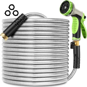 Metal Garden Hose 100 ft Stainless Steel Water Hose Heavy Duty with 10 Way Nozzle-Flexible Lightweight Durable No Kink & Tangle Hoses Pipe  3/4'' Solid Brass Fitting for Outdoor Yard