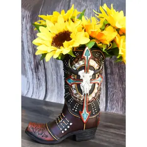 Western Cow Skull Turquoise Cross and Barbed Wires Cowboy Boot Vase Figurine