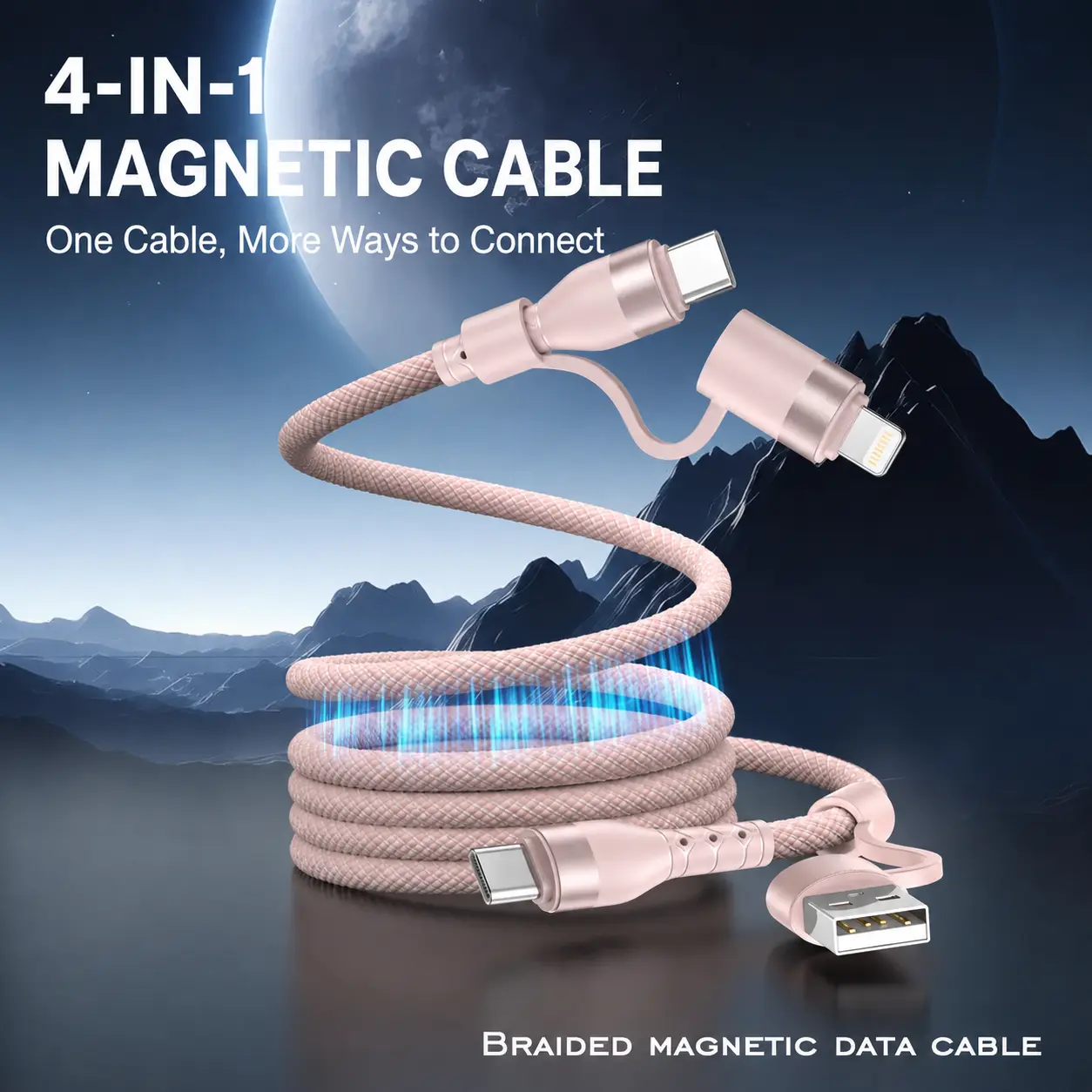 4 in 1 Braided Charging Cable, Magnetic Organized Multi USB Cord, USB-A/USB-C/Lightning, High Speed Charging & Data Transfer Up to 100W for iPhone, Samsung, Android Phone