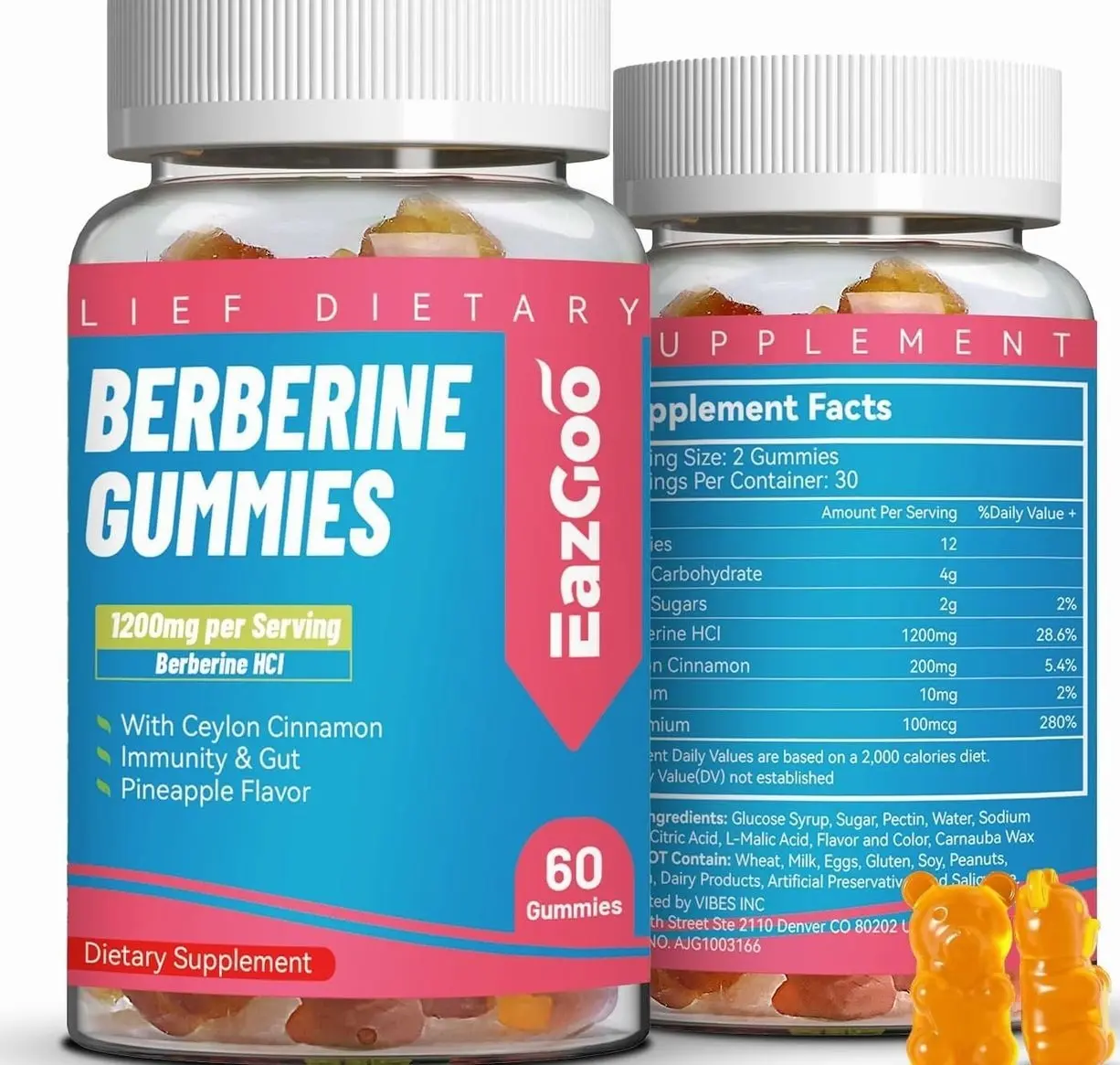 Berberine Gummies with Ceylon Cinnamon,1200mg Berberine HCI Supplement for Metabolism and Energy Support, Vegan, Gelatin-Free - 60 Count