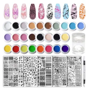 Nail Art Stamping Kit - 26 Color Gels with 5 Stainless Steel Plates, Dual-Ended Silicone Stamper & Scraper - DIY Nail Design Set for Beginners and Pros