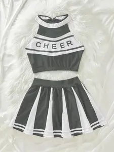 Women's Color-Block Sexy Cheerleading Uniform Set: Cheerleading Crop Top and Striped Skirt, Women's Sexy Lingerie Set, Suitable for All Seasons