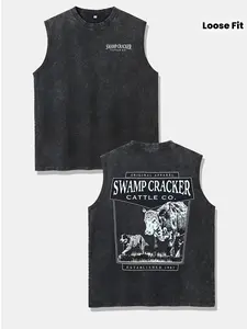 SWAMP CRACKER CATTLE CO 210g Men'S Sleeveless Tank Top - Vintage Washed Loose Fit T-Shirt with Dual-Sided Print, Casual Everyday Wear, Perfect Gift for Hunters, Hunting Apparel|Reversible Design|Washed Cotton Finis