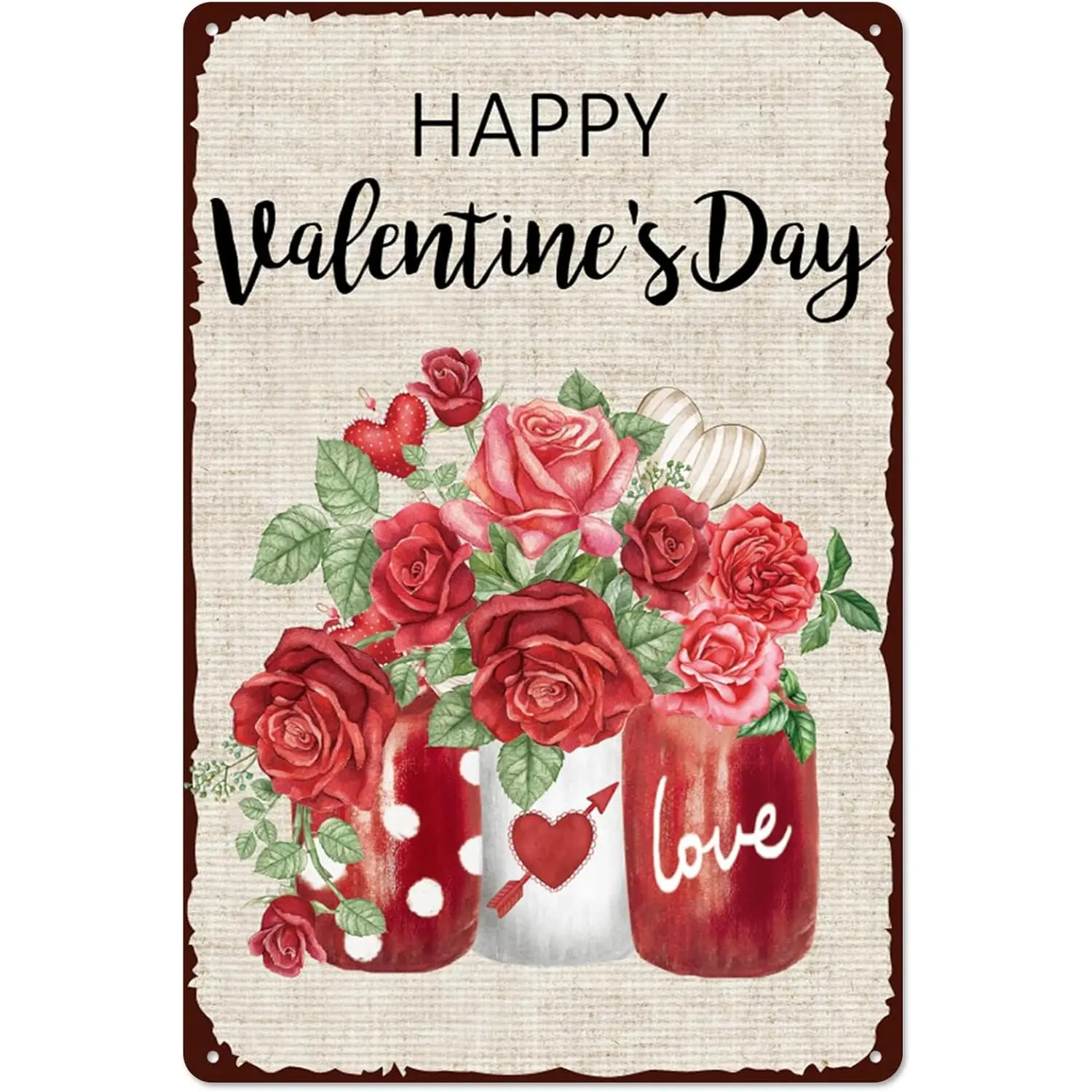 Rustic Farmhouse Valentine's Day Tin Sign - "Happy Valentine's Day" Red Roses Mason Jar Wall Art, Lightweight Hanging Door Plaque, Vintage Shabby Chic Decor, Trendy Couple Gift, Wedding/Wardrobe Accent, Grandma-Friendly Home Decor (Multiple Sizes)
