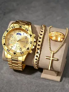 4PCS Men's Watch Set, Luxury Style Gold Men's Matching Accessories, Elegant Round Dial, Suitable For Daily Matching And Gifts, Trendy Quartz Wristwatch, High End Watch, Stylish Watch, Fashionable Wristwatch, Quartz Watches, Analog Watches