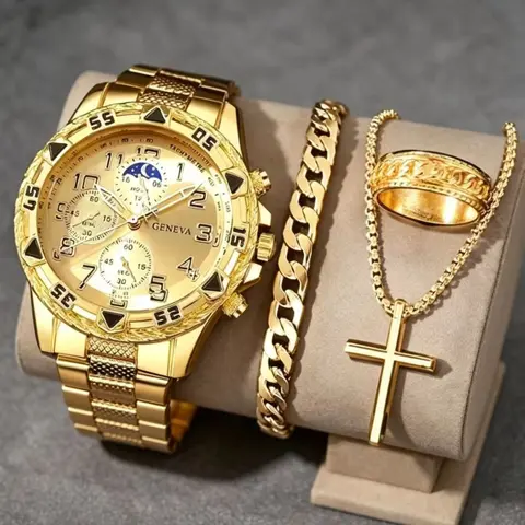 4PCS Men's Watch Set, Luxury Style Gold Men's Matching Accessories, Elegant Round Dial, Suitable For Daily Matching And Gifts, Trendy Quartz Wristwatch, High End Watch, Stylish Watch, Fashionable Wristwatch, Quartz Watches, Analog Watches