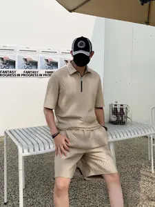 Men's Summer Half-Zip Short Sleeve Shorts Set, Simple Plain Versatile Style, Side Pocket Design, Suitable for Daily Wear and Home Relaxation