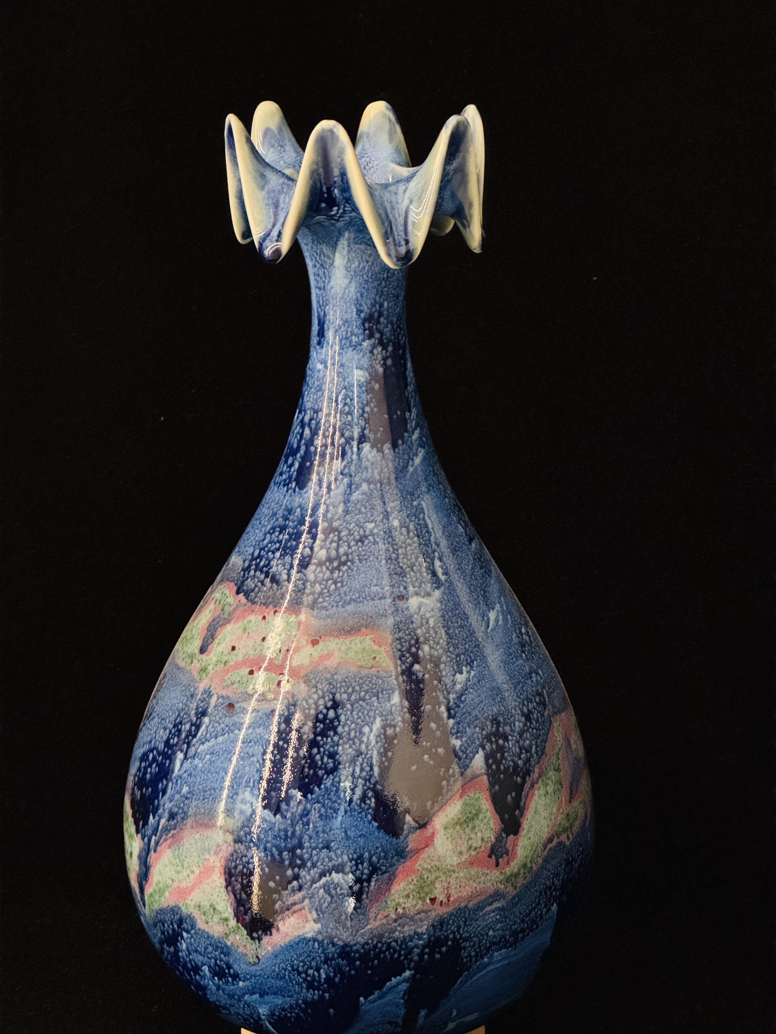 Handmade Chinese Jun Porcelain Vase with Ruffled Flower Top, Stunning Blue-Pink Kiln-Fired Glaze Ceramic Vase, Unique Asian Art Home Decor