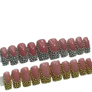 Digi Dripp Nails Chrome Bubble French RTS Women's Medium Length Glittering Finish Gel Polish & Hard Gel Set with Nail Glue Tabs for Temporary Wear