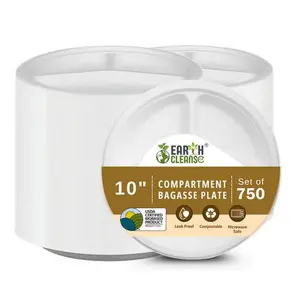Compostable Sugarcane Bagasse Round Plates - 10 Inch - 3 - Compartment - Pack of 750