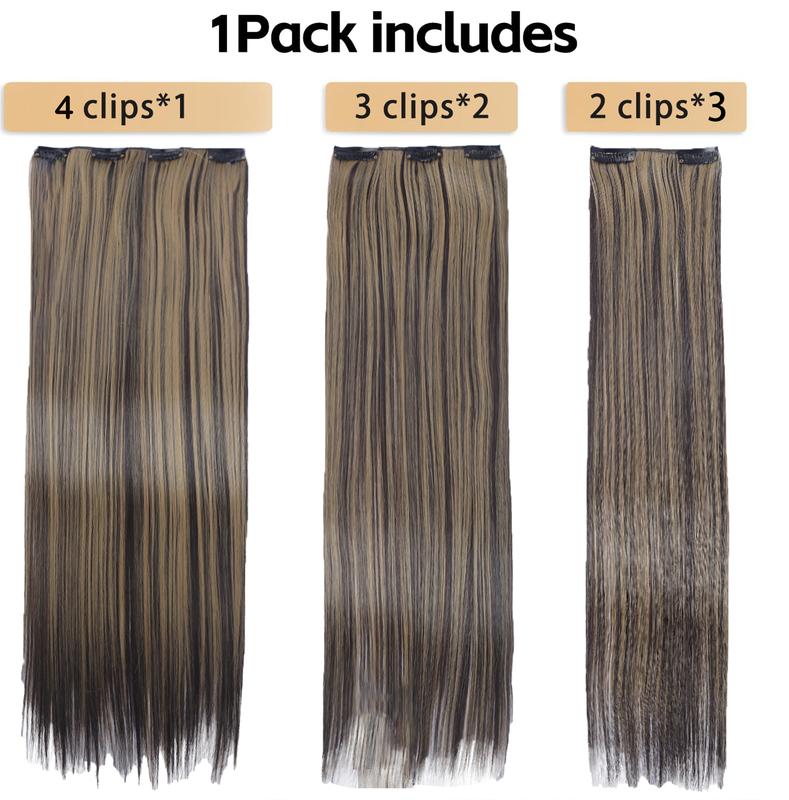 Clip in Hair Extensions 24 Inches Straight Hairpieces 6 PCS Set Heat Resistant Synthetic Fiber Full Head High-temperature Double Weft natural fluffy Comfortable Thick Hair Piece Clip ins add length for Women