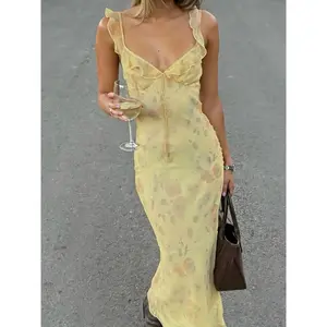 Women’s Floral Print Ruffle Hem Long Dress Y2K Style Slim Fit Beach Vacation Retro Bodycon Tank Dress Spring Summer Bohemian